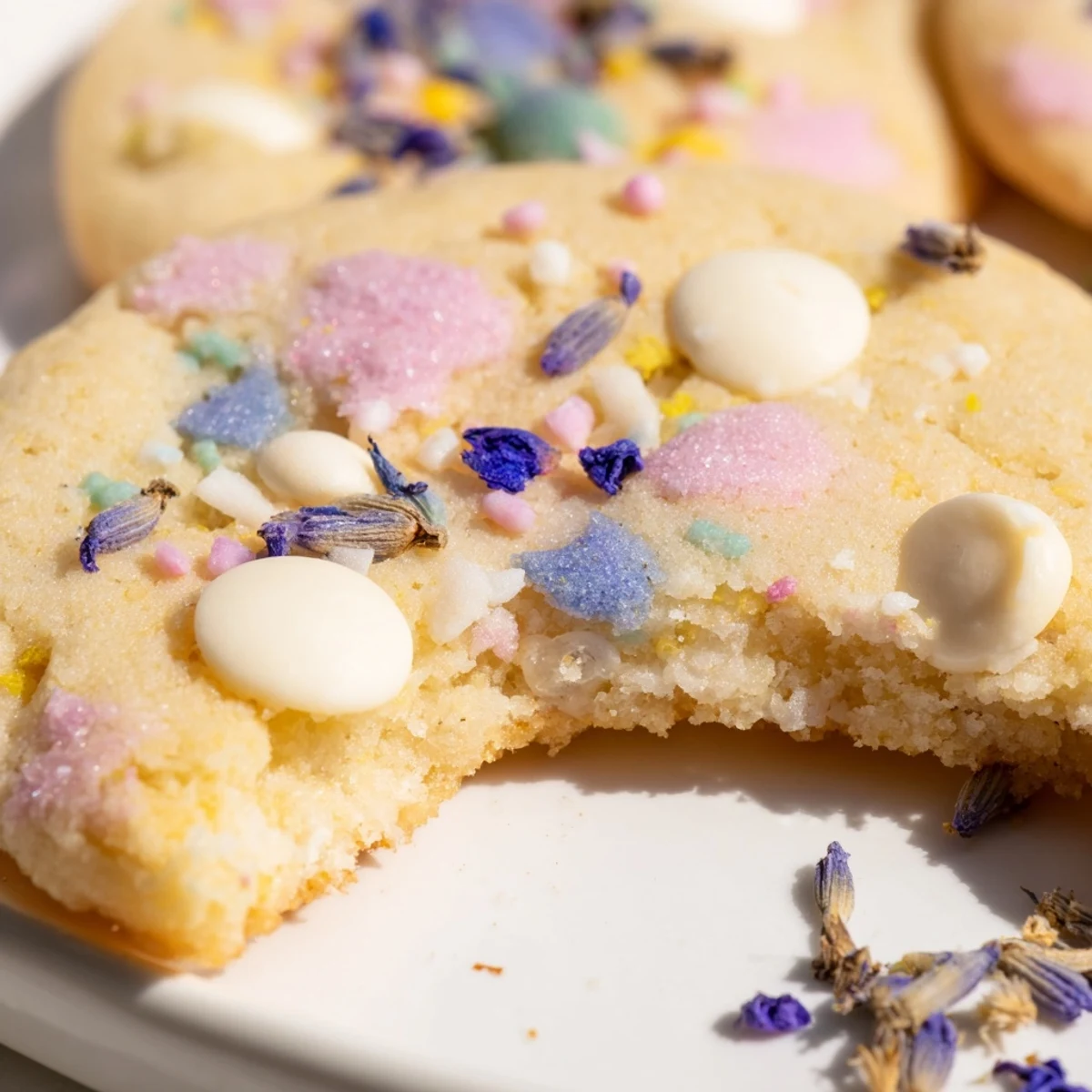 Soft Spring Blossom Cookies topped with pastel sprinkles on a rustic white plate