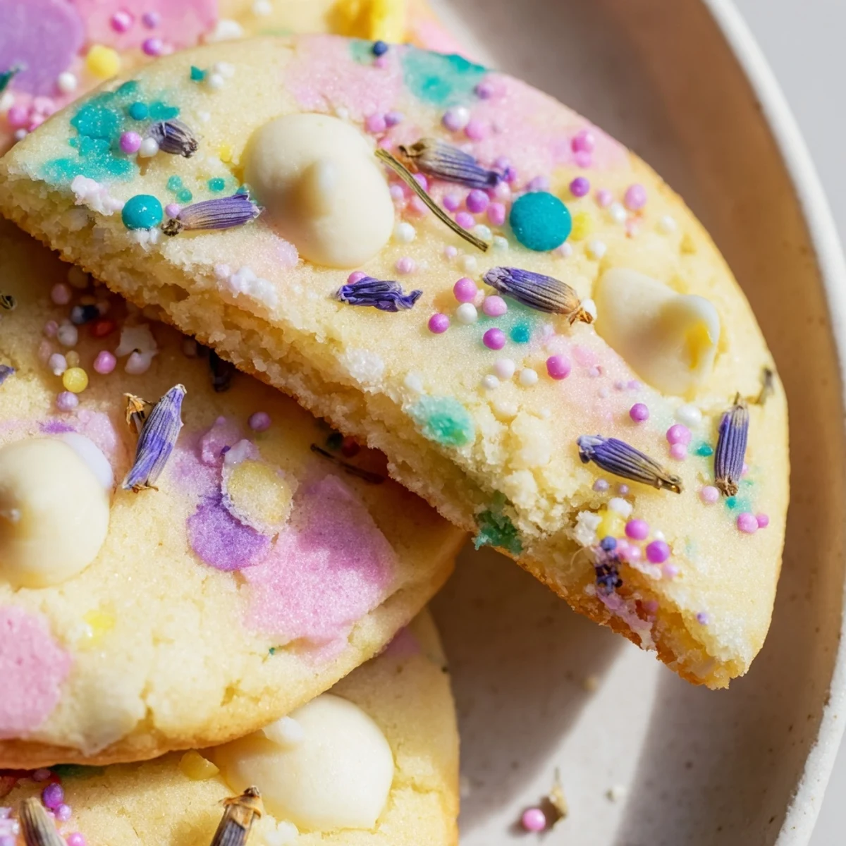 Chewy Spring Blossom Cookies fresh from the oven with golden edges and candy coating
