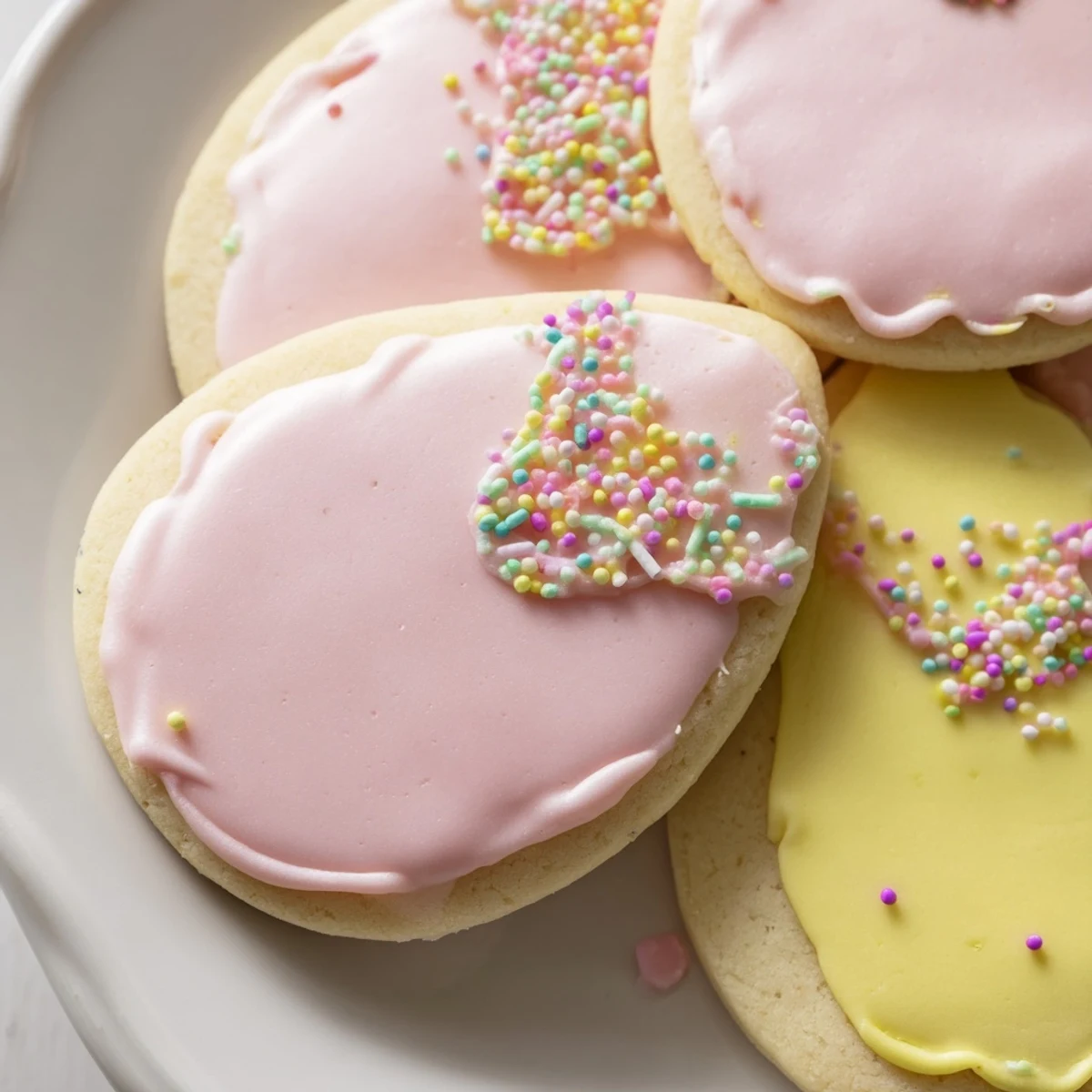 Colorful Spring Easter cookies with pastel icing arranged on a white serving platter
