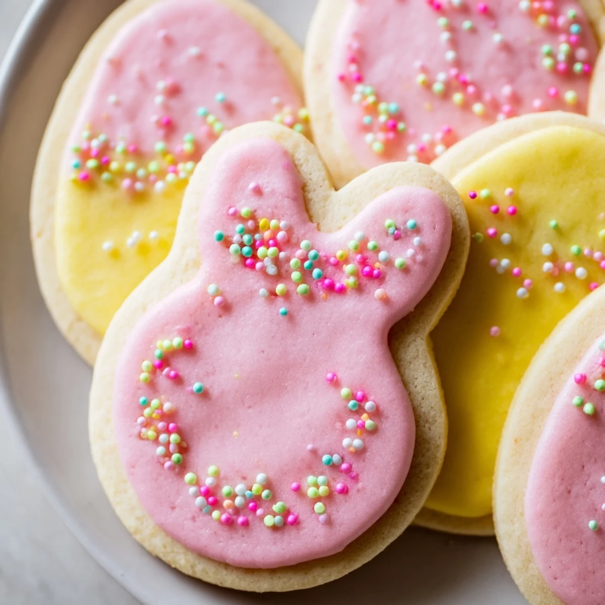 Buttery Spring Easter cookies decorated with pink yellow and green royal icing