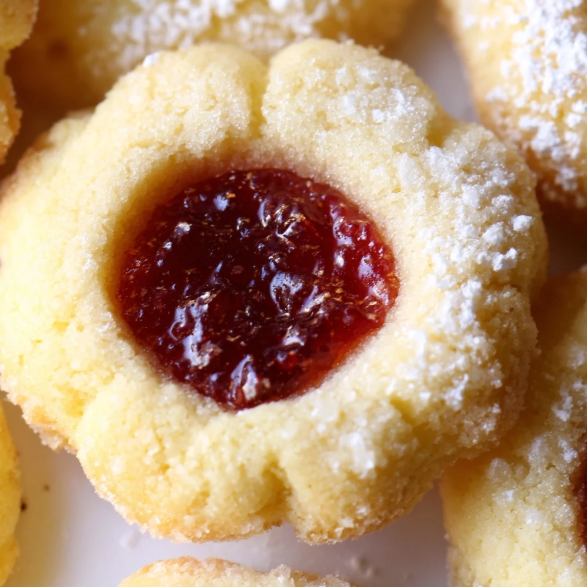 Golden flower jam thumbprint cookies with glistening jewel-like centers arranged on a rustic white plate