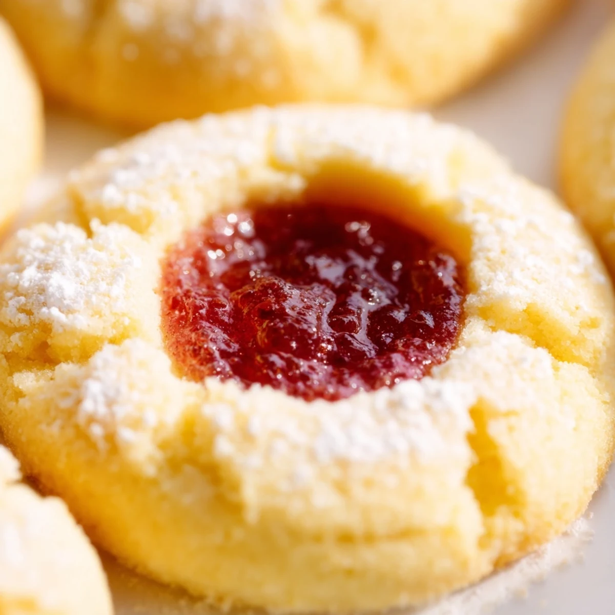 Buttery flower jam thumbprint cookies dusted with powdered sugar beside a steaming cup of tea