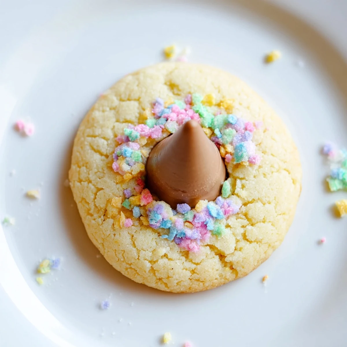 Soft Easter Blossom Cookies topped with colorful chocolate kisses and pastel sprinkles on a baking sheet.