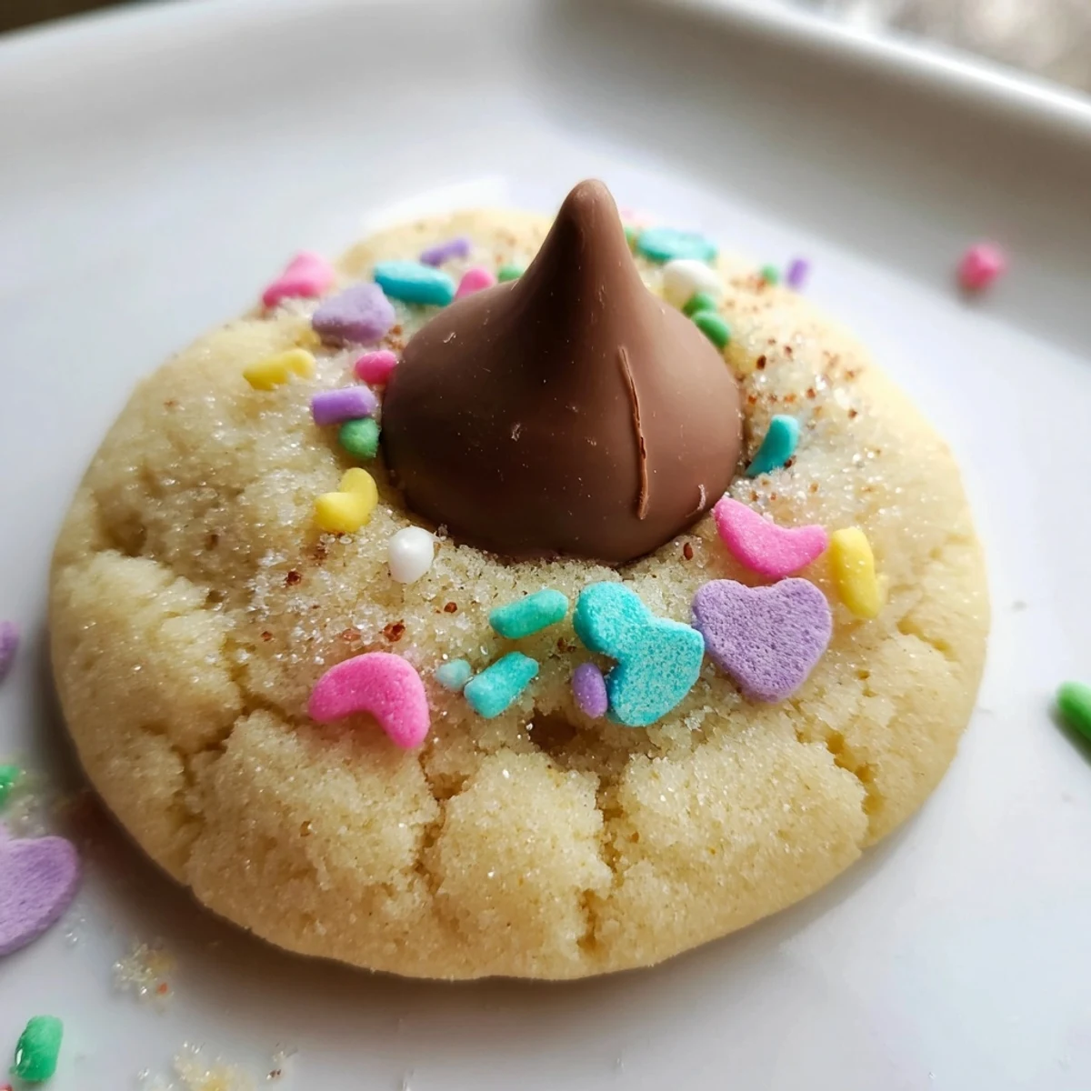 Golden Easter Blossom Cookies with melty chocolate centers and festive spring-colored sugar coating.