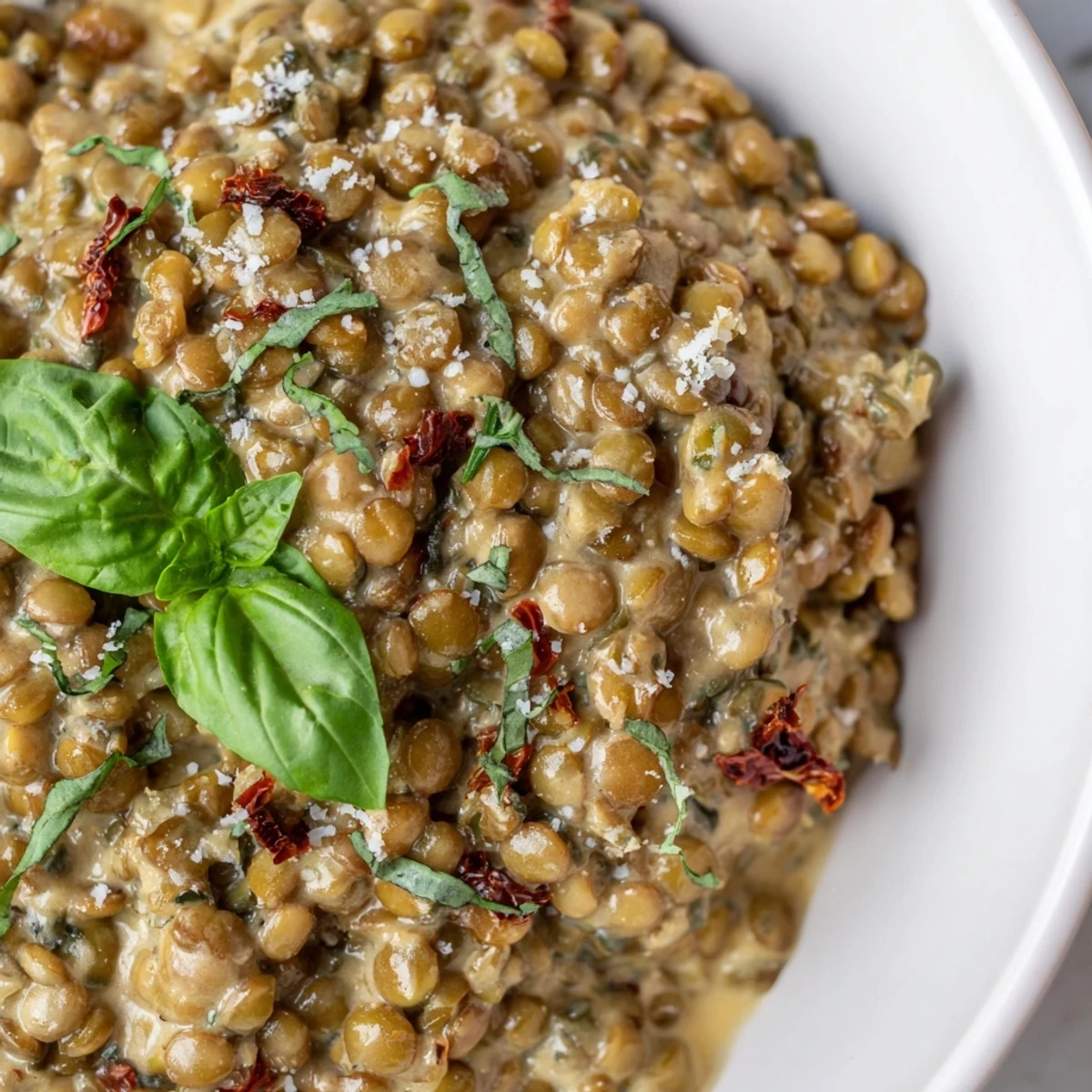 Creamy Marry Me Lentils in rich sun-dried tomato sauce topped with fresh basil garnish