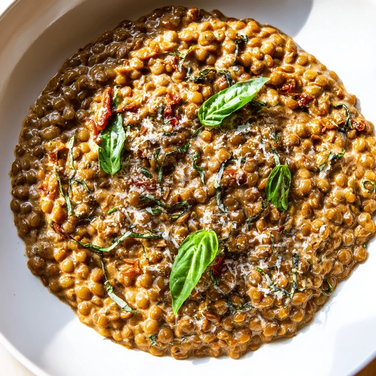 Warm bowl of Creamy Marry Me Lentils with melted Parmesan and aromatic herb seasoning