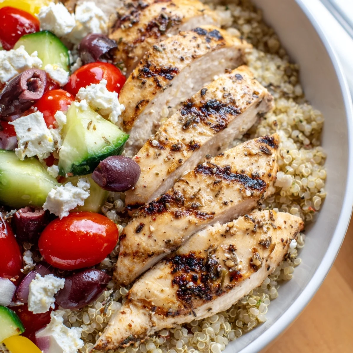 Mediterranean Chicken Quinoa Bowl topped with juicy sliced chicken and fresh colorful vegetables