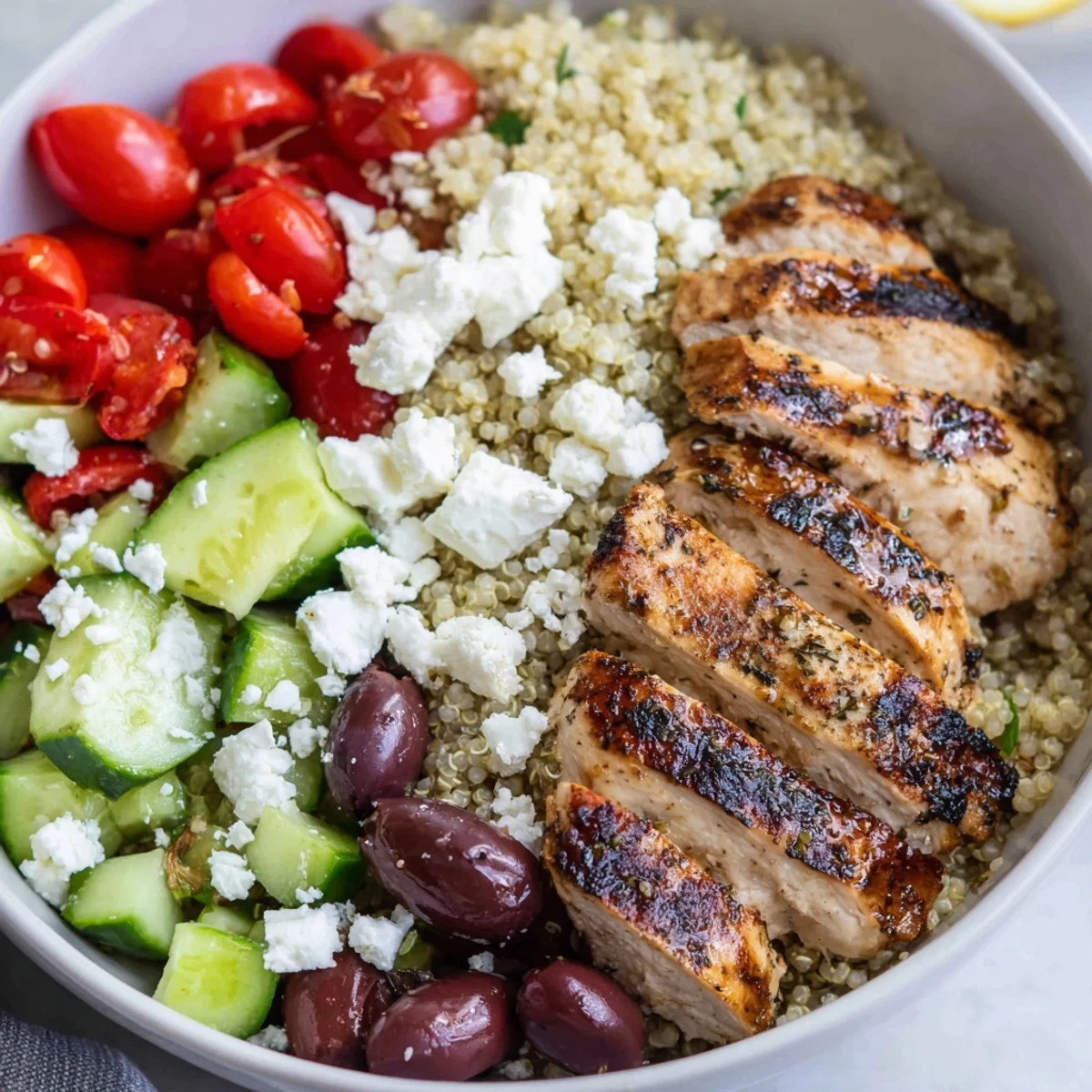 Fluffy quinoa layered with grilled chicken feta olives and crisp cucumber in bowl
