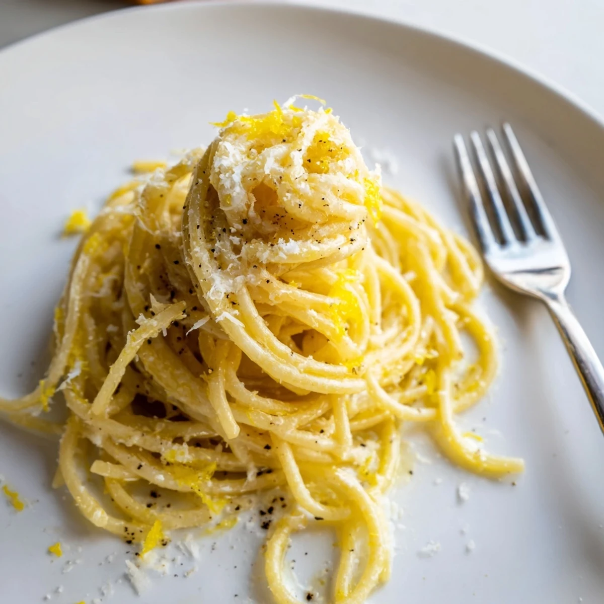 Golden spaghetti coated in zesty Parmesan lemon sauce topped with fresh herbs