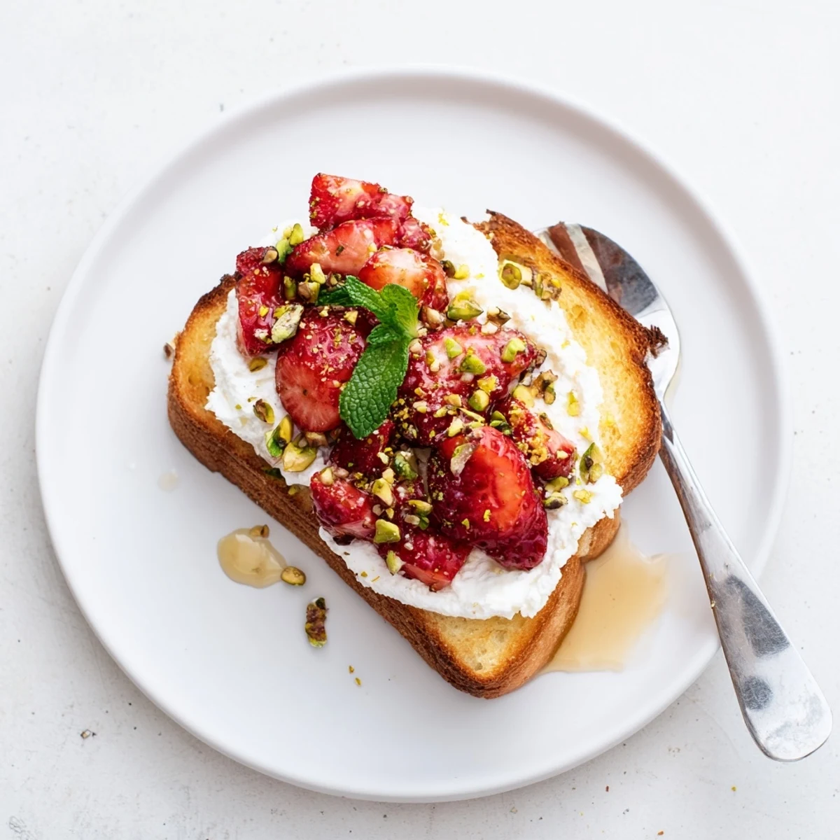 Golden sourdough toast topped with creamy whipped ricotta and ruby roasted strawberries glistening with sweet syrup.