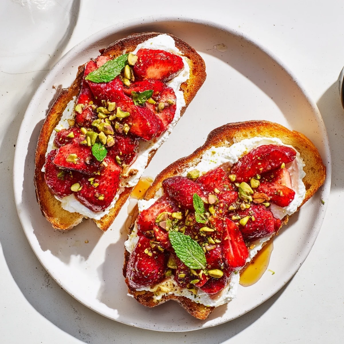 Roasted strawberry whipped ricotta toast on rustic bread drizzled with honey and garnished with fresh mint leaves.