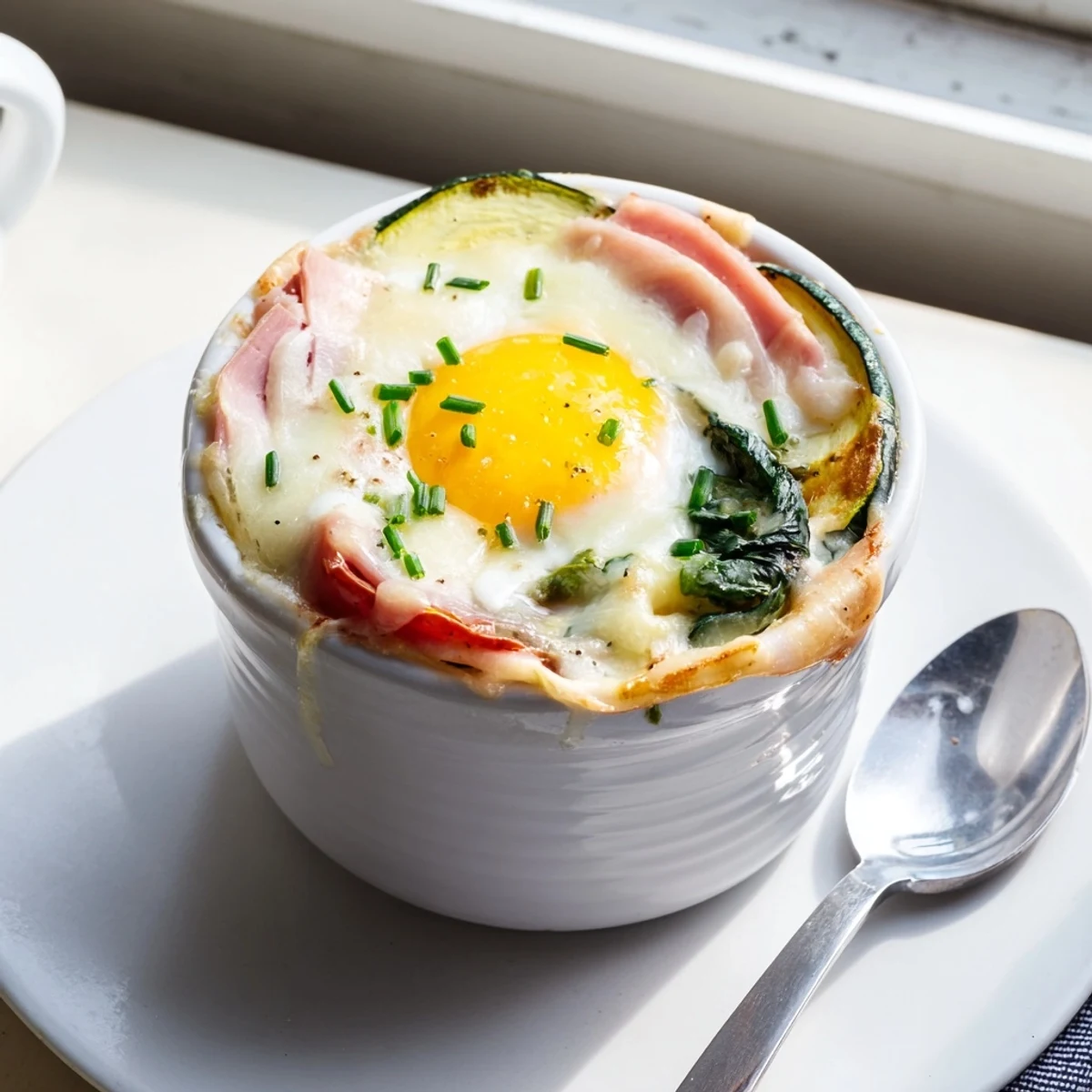 Golden baked eggs Napoleon with runny yolks nestled in creamy Gruyère sauce and ham layers