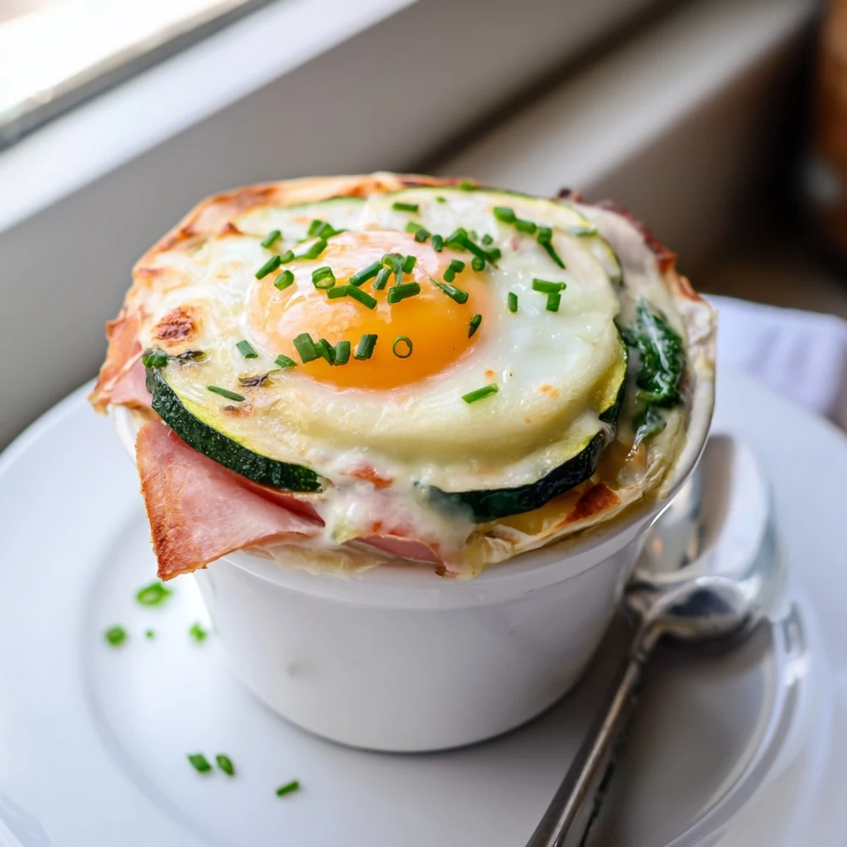 Elegant baked eggs Napoleon served in ramekins over spinach, vegetables, and toasted golden pastry