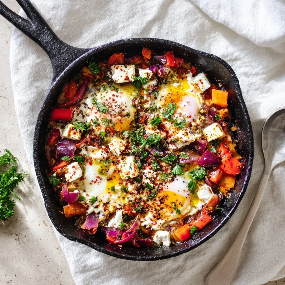 Golden baked feta eggs with runny yolks nestled in creamy cheese and roasted vegetables