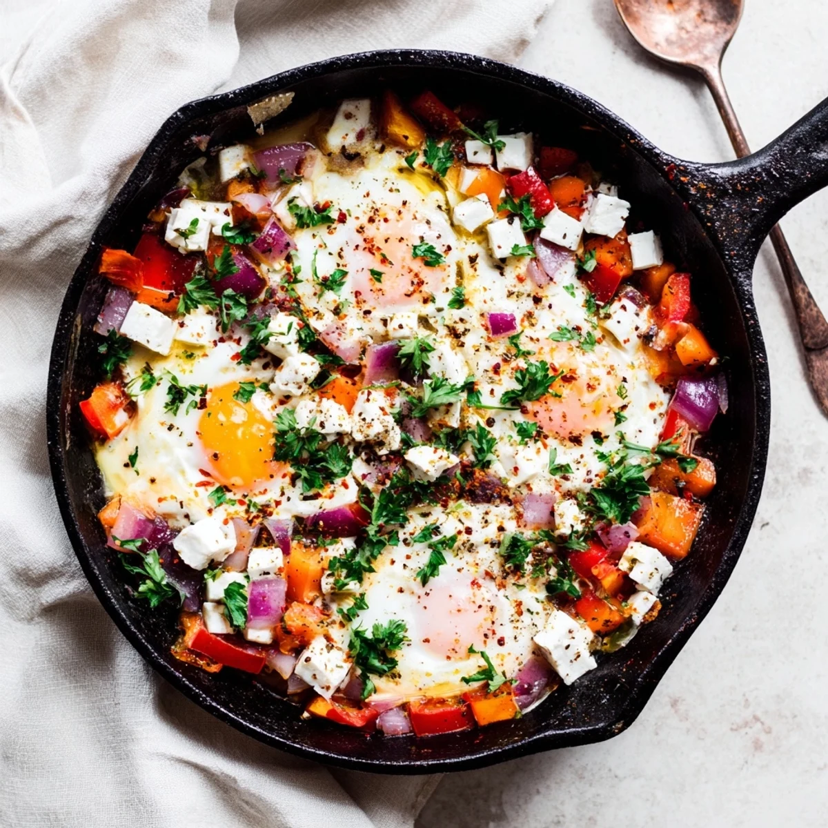 Warm skillet of baked feta eggs topped with fresh parsley and red pepper flakes