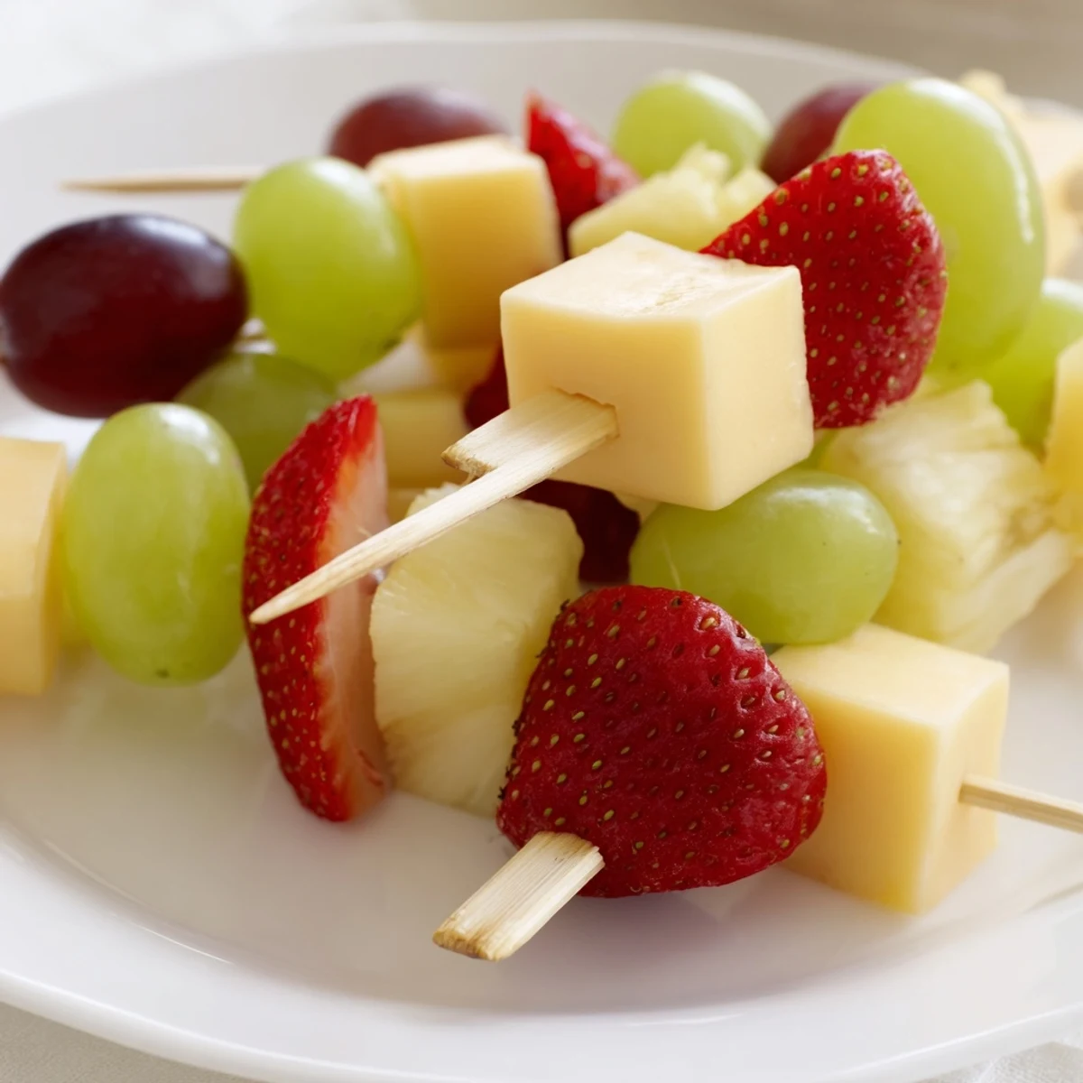 Colorful fruit and cheese kabobs arranged on a platter with grapes, strawberries, pineapple, and cheddar cubes