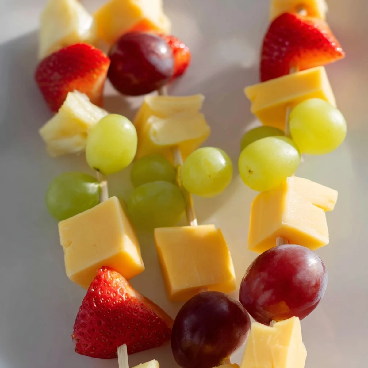 Fresh fruit and cheese kabobs featuring red and green grapes, strawberries, pineapple chunks, and creamy Monterey Jack
