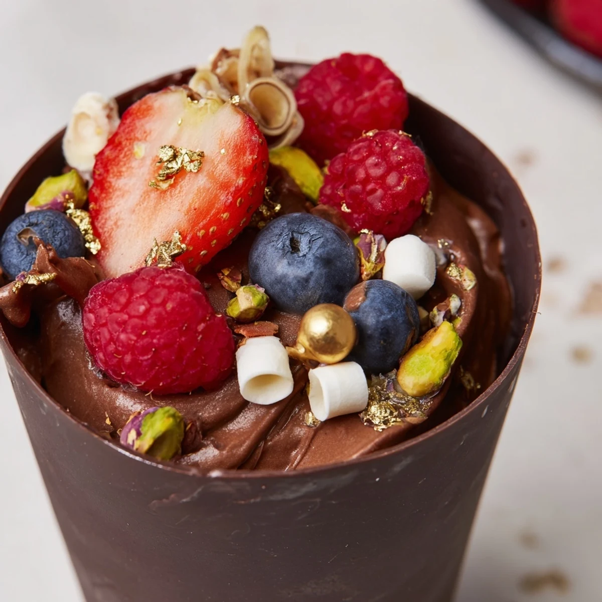 Decadent chocolate grazing cups filled with fluffy mousse and crowned with vibrant fresh berries