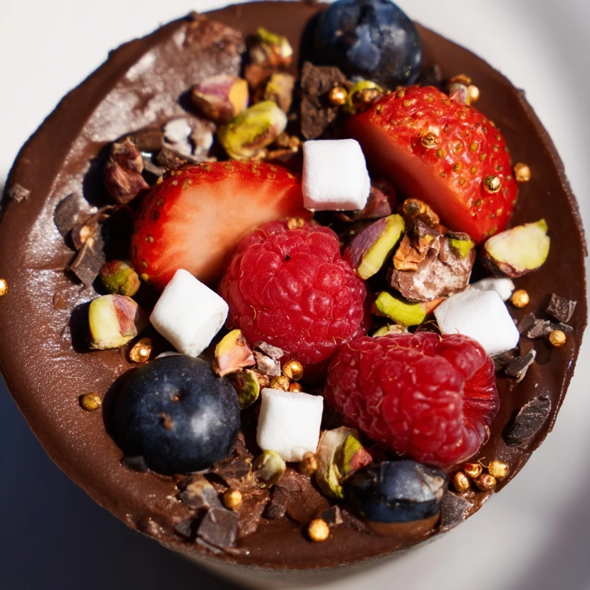 Rich chocolate grazing cups topped with crunchy nuts, berries, and delicate chocolate curls
