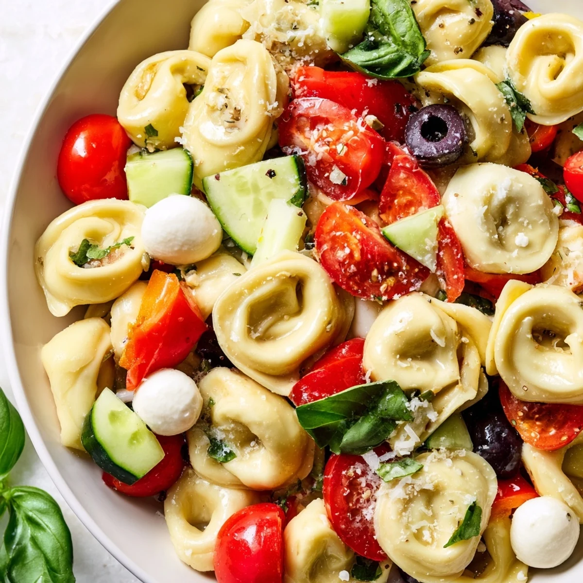 Colorful tortellini salad with cherry tomatoes, cucumber, and zesty Italian dressing in a serving bowl