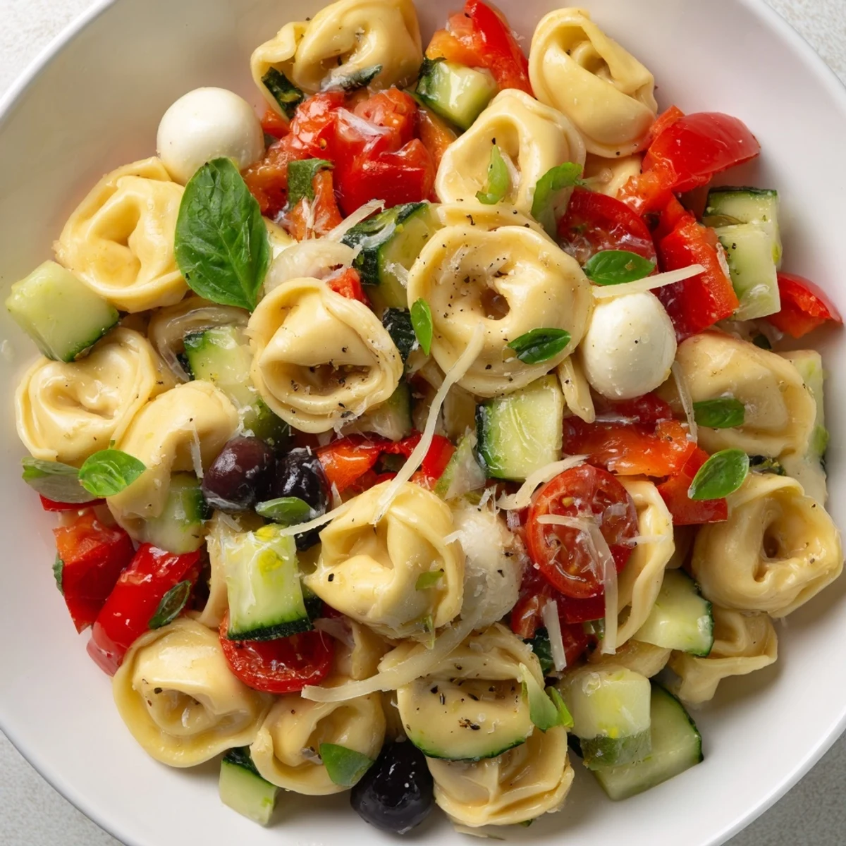 Creamy cheese tortellini salad tossed with crisp vegetables and fresh basil for picnics