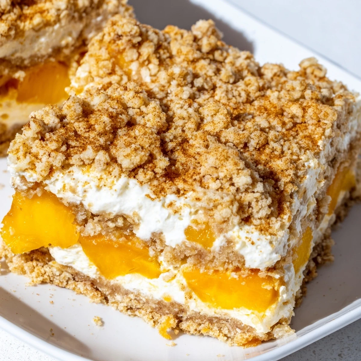 Golden peach and cream crumble bars with buttery oat topping on a rustic plate