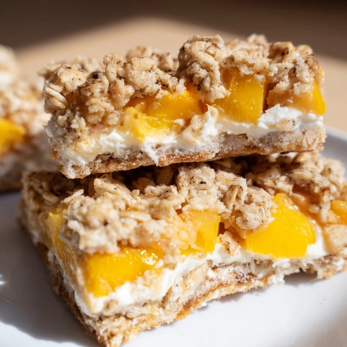 Creamy peach crumble bars sliced to reveal layers of juicy fruit and oat crust