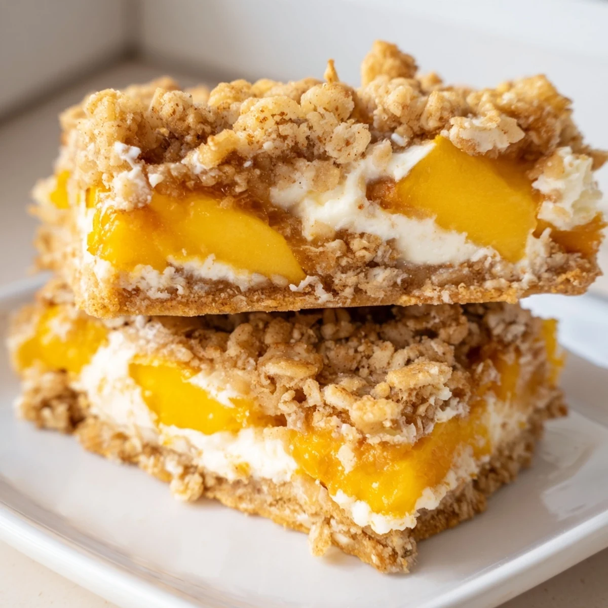 Warm peaches and cream crumble bars dusted with cinnamon beside a glass of milk
