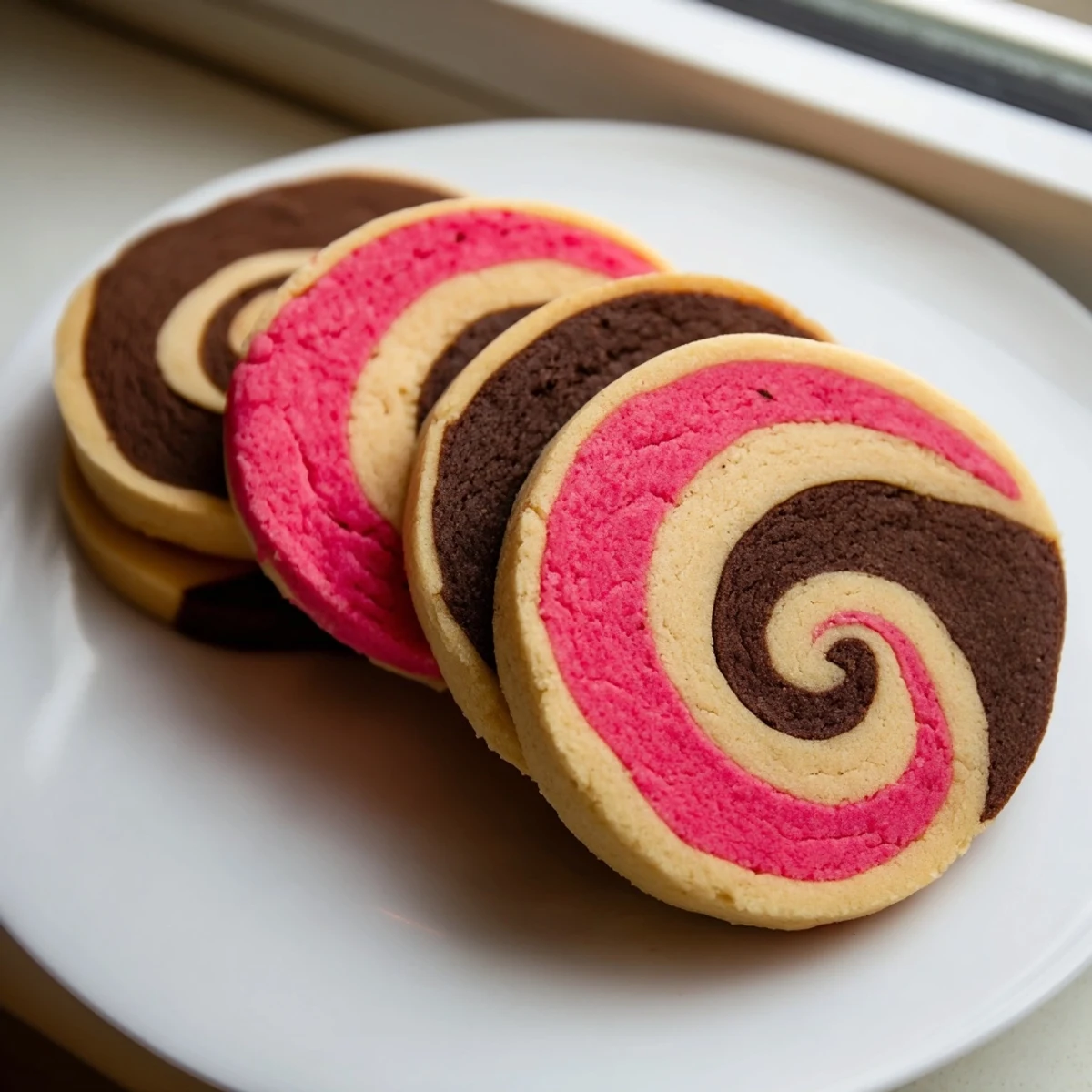 Neapolitan Swirl Cookies with pink chocolate and vanilla spirals on a rustic baking sheet