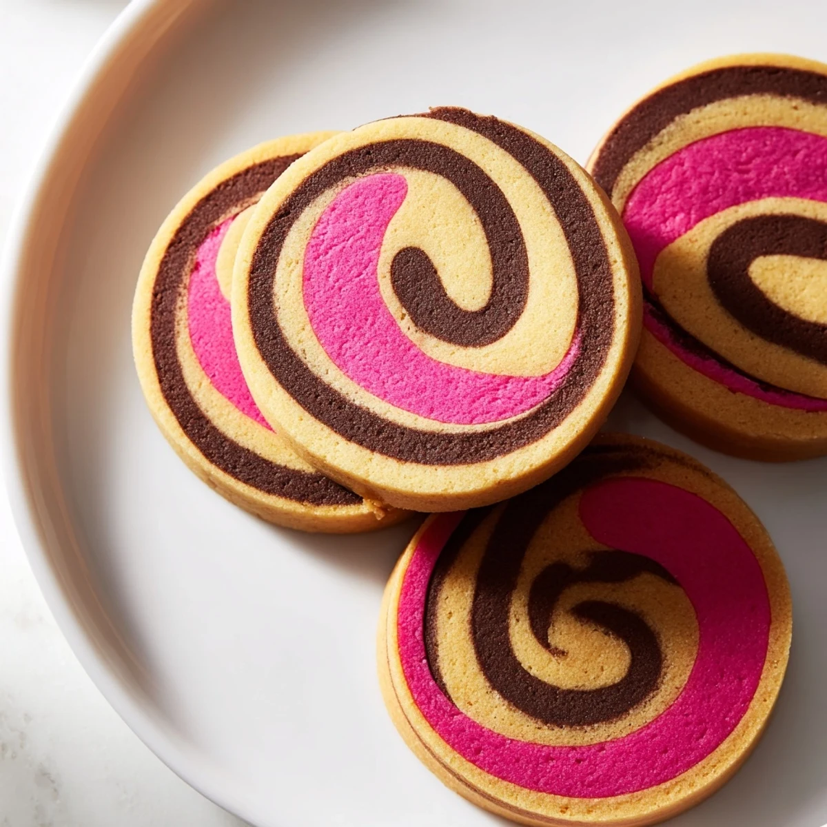 Close-up of Neapolitan Swirl Cookies arranged on a wire cooling rack with golden edges