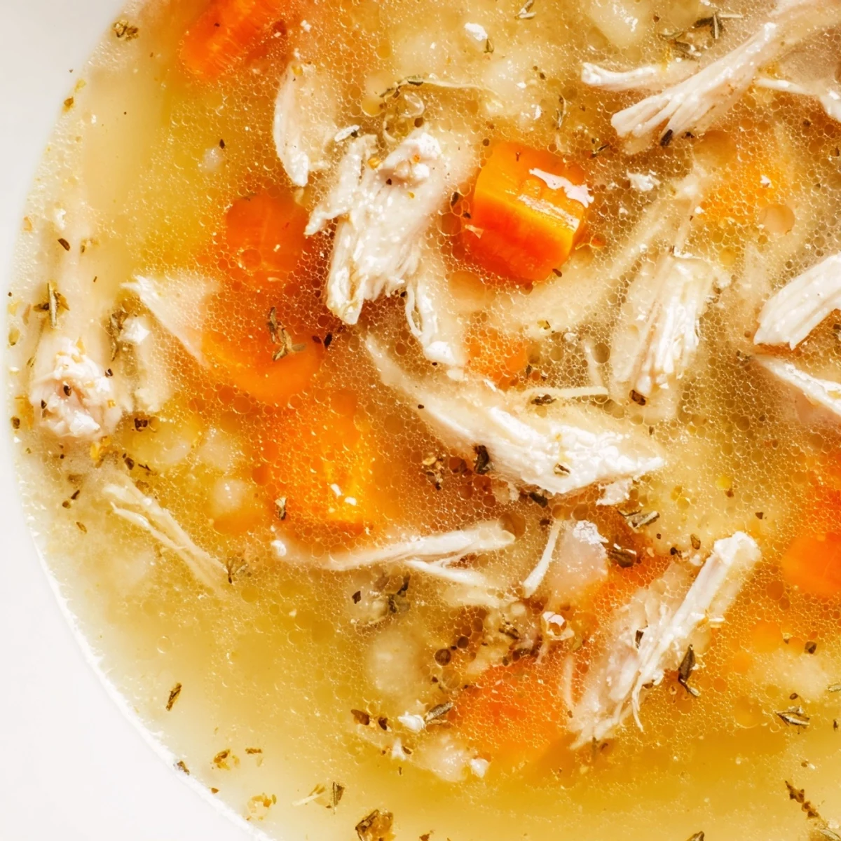 Golden Crockpot Lemon Chicken Soup with tender shredded meat and fresh herbs in bowl