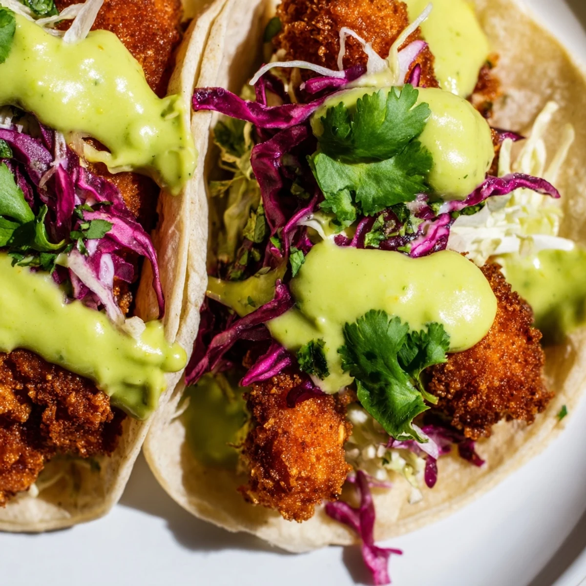 Crispy golden Baja Fish Tacos topped with vibrant cabbage slaw and creamy avocado crema drizzle