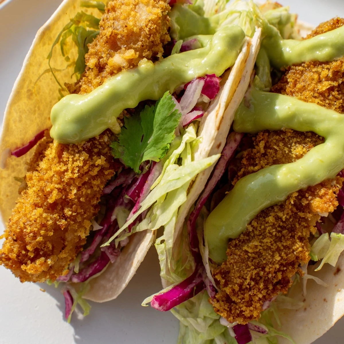 Baja Fish Tacos in soft corn tortillas featuring battered fish and fresh tangy slaw