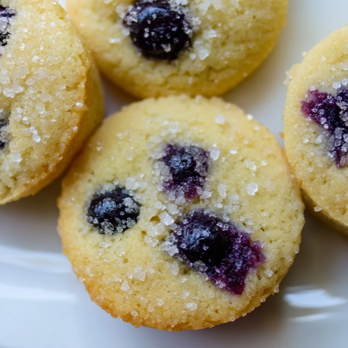 Cake-like blueberry muffin cookies topped with sparkling sugar on a rustic baking sheet
