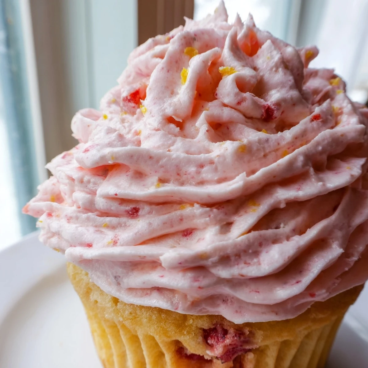 Fluffy strawberry lemonade cupcakes with tangy lemon zest buttercream piped high on golden cake