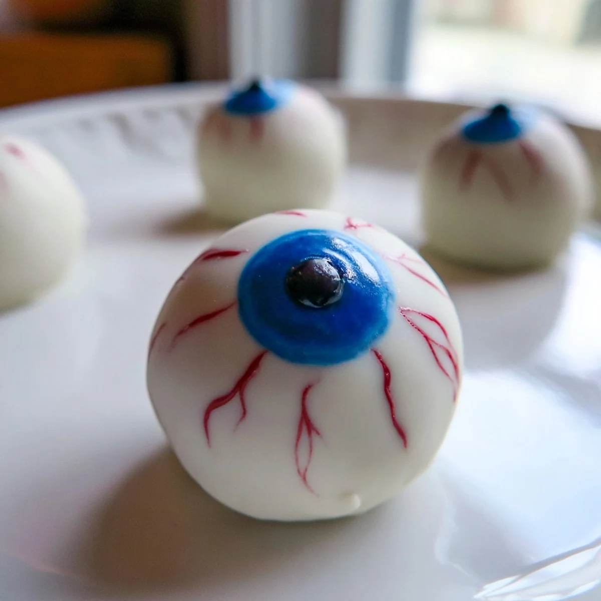 Smooth frosted Halloween Cake Eyeballs arranged on a dark dessert table