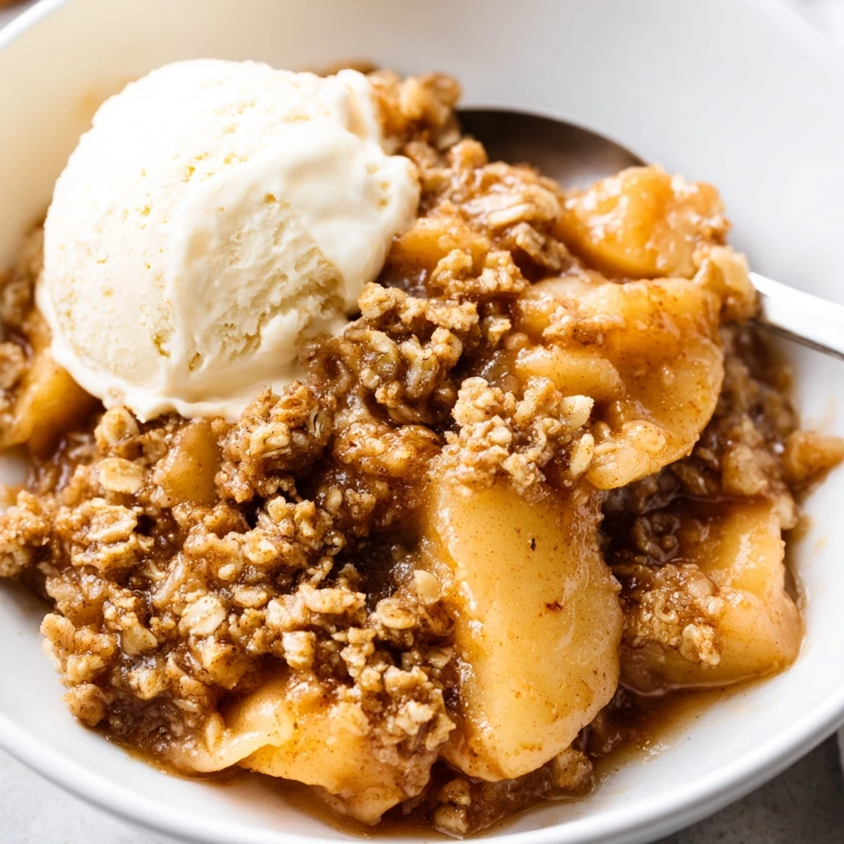 Creamy vanilla ice cream melting over a scoop of homemade crockpot apple crisp dessert