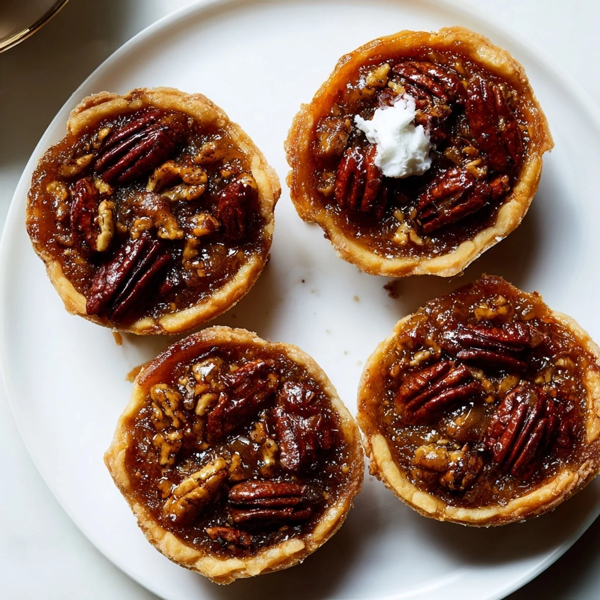 Golden mini pecan pies with caramelized filling topped with crunchy pecan halves