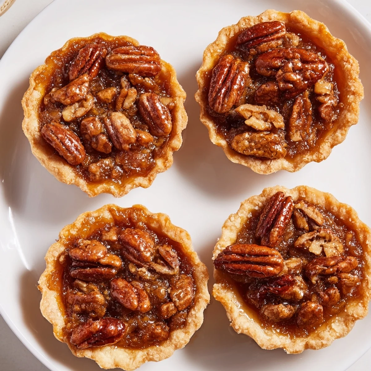 Buttery mini pecan pies arranged on a platter dusted with powdered sugar