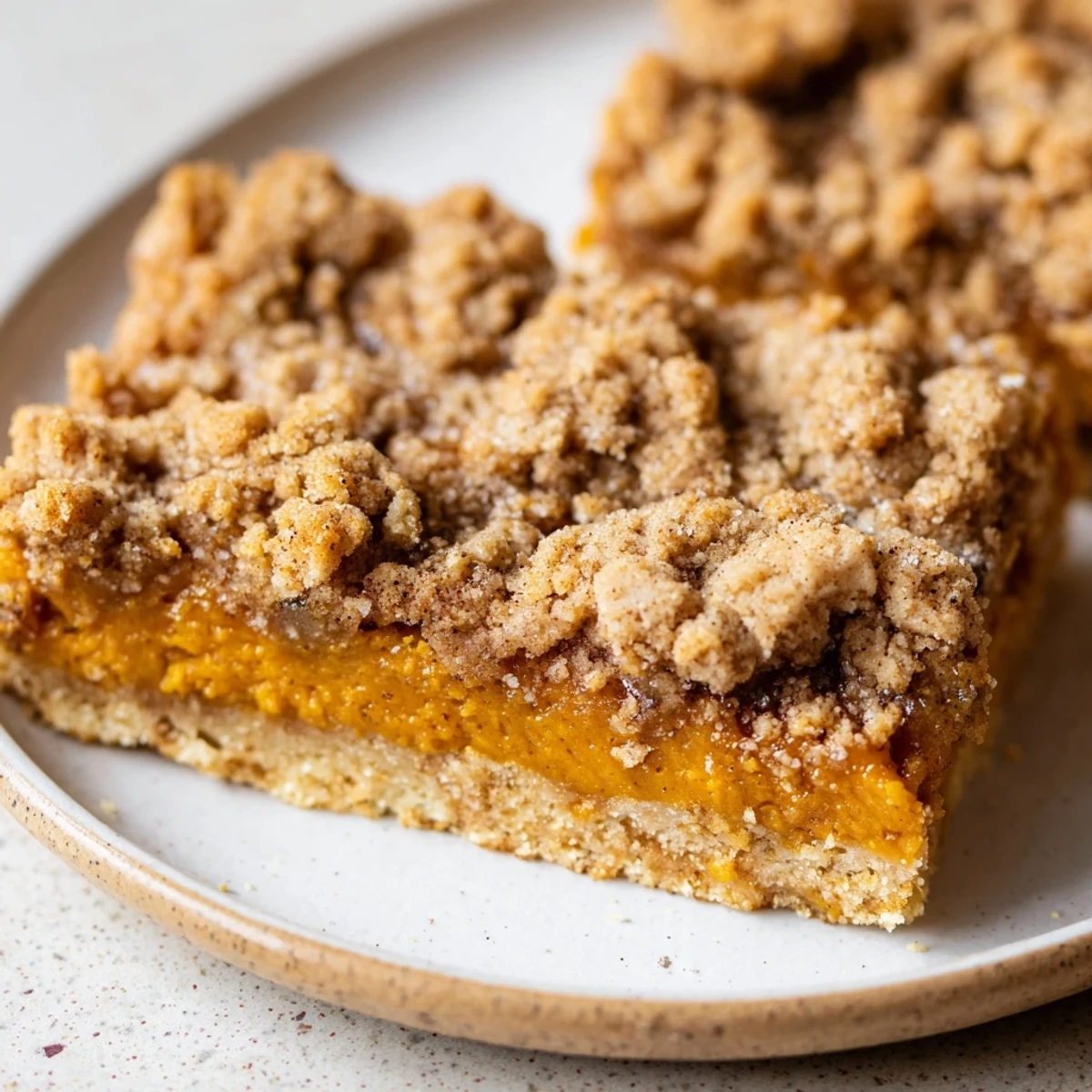Golden brown sugar maple pumpkin butter bars with a spiced streusel topping on a rustic plate