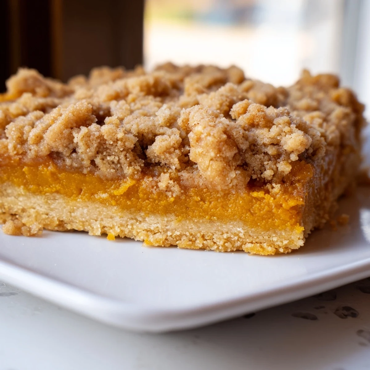 Warm brown sugar maple pumpkin butter bars sliced and served with coffee on a cozy afternoon