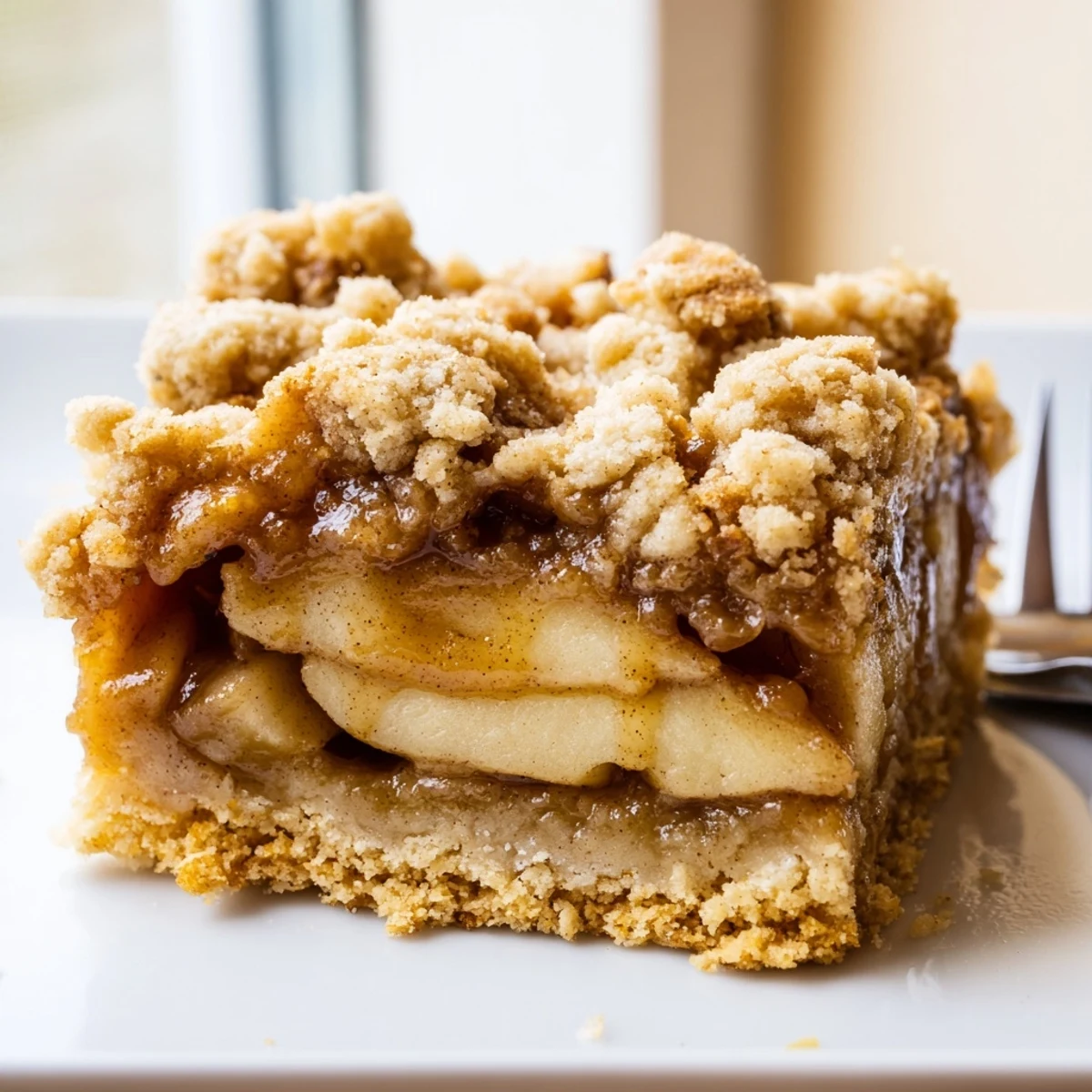 Golden caramel apple crumb bars with buttery streusel topping on a rustic plate
