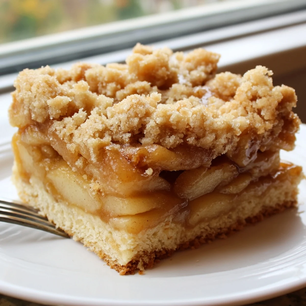 Warm caramel apple crumb bars sliced to reveal tender cinnamon-spiced apple layers