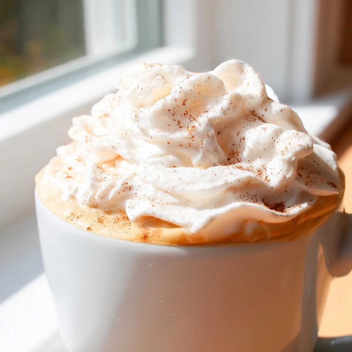 Warm homemade pumpkin spice latte topped with whipped cream and cinnamon dust in a cozy mug