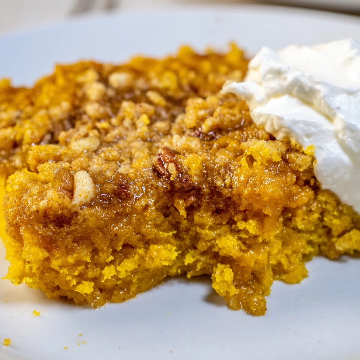 Golden-crusted pumpkin dump cake with pecans fresh from a warm autumn oven