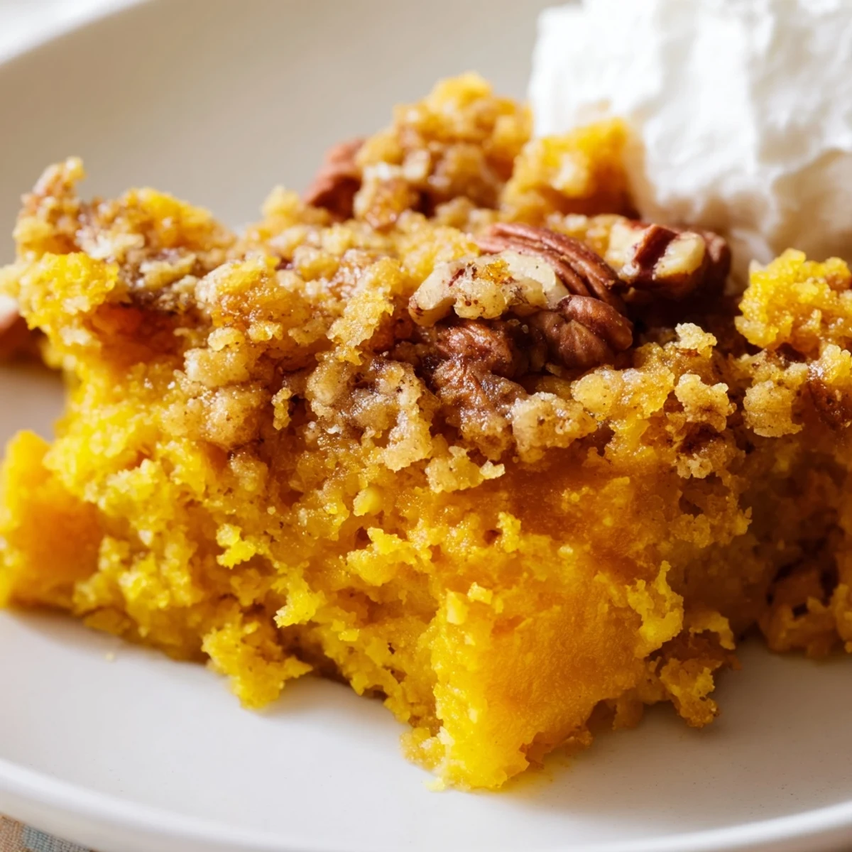 Scoop of pumpkin dump cake served with whipped cream showcasing gooey pumpkin layers