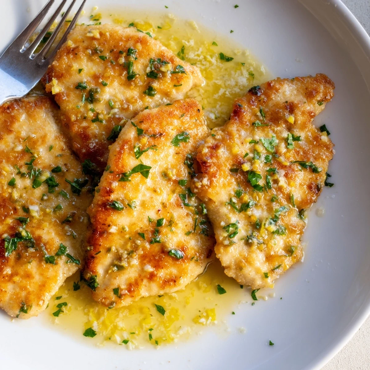 Golden pan-seared lemon garlic butter chicken draped in a glossy citrus sauce