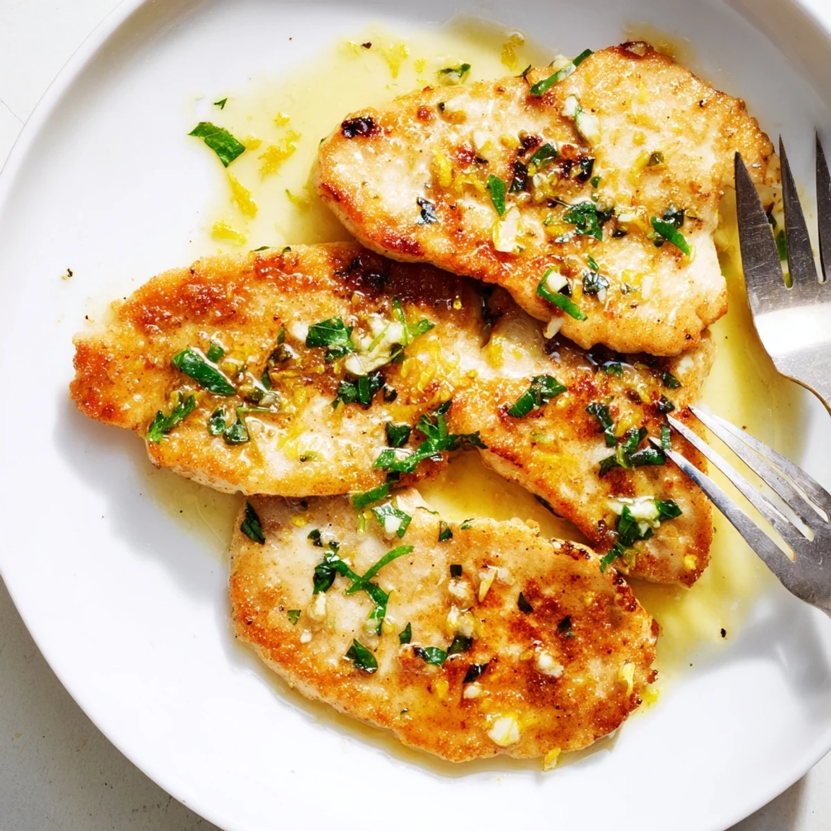 Tender lemon garlic butter chicken plated over rice with fresh parsley sprinkled on top