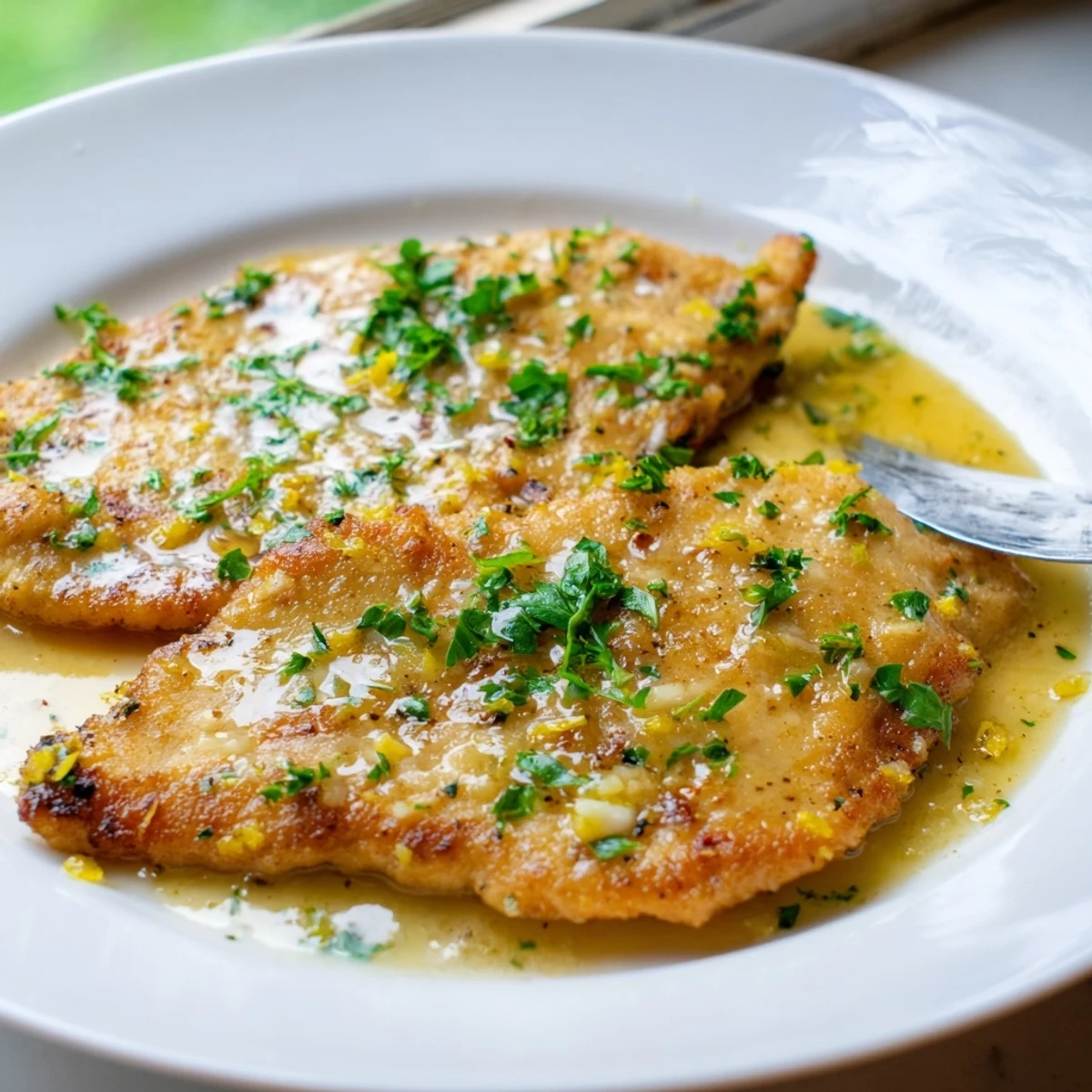 Sizzling skillet of lemon garlic butter chicken swimming in a bright garlic pan sauce