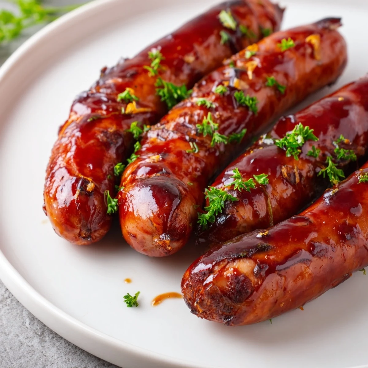 Juicy grilled sausages glistening with caramelized BBQ sauce on a summer cookout platter